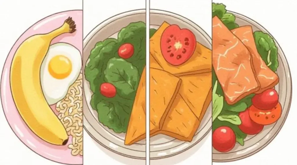 칼륨 많은 음식으로 구성한 아침 점심 간식 저녁 식단