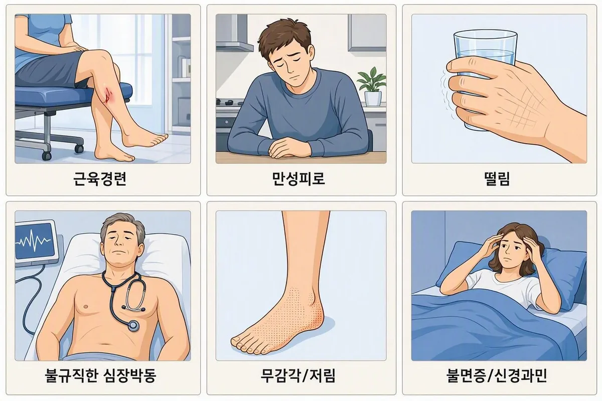 마그네슘 부족 증상 6가지: 근육경련, 만성피로, 떨림, 불규칙한 심장박동, 무감각·저림, 불면증